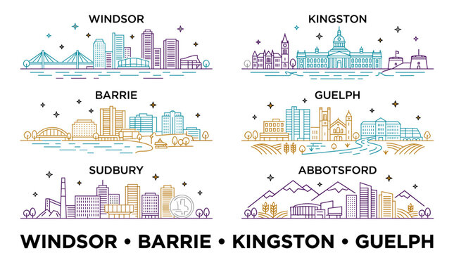 Canadian cities skylines vector set featuring colorful thin line art landmarks, Windsor, Barrie, Kingston, and Guelph architectural silhouettes