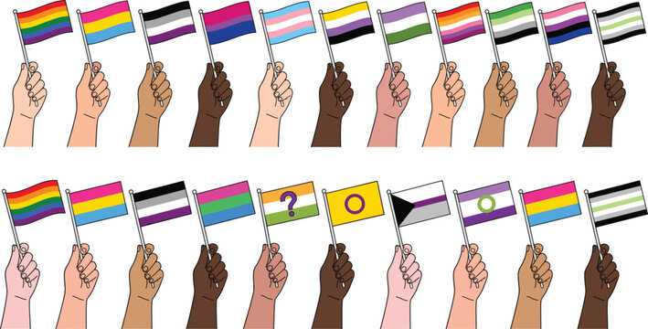 Diverse Multiracial Hands Holding LGBTQ Pride Flags Vector Graphic Set Featuring Rainbow Transgender Bisexual Pansexual Nonbinary Lesbian and Intersex Identity Symbols