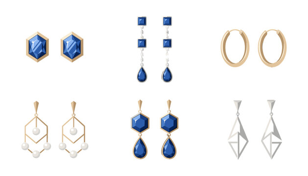 Elegant Luxury Earrings Vector Icon Set with Blue Sapphire Gemstones Gold Hoops Pearls and Silver Geometric Dangle Jewelry Designs