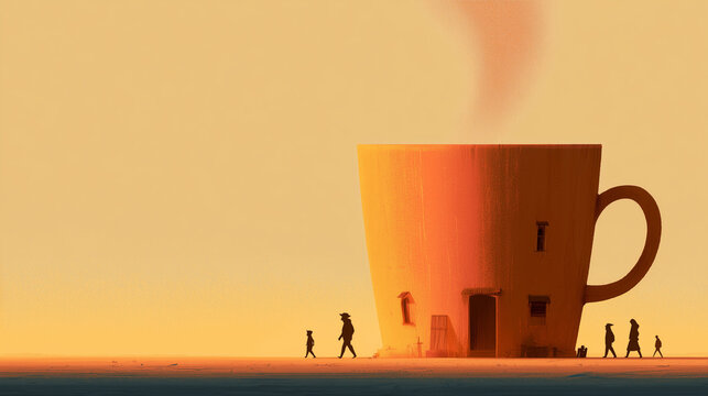 Surreal giant coffee cup with tiny figures