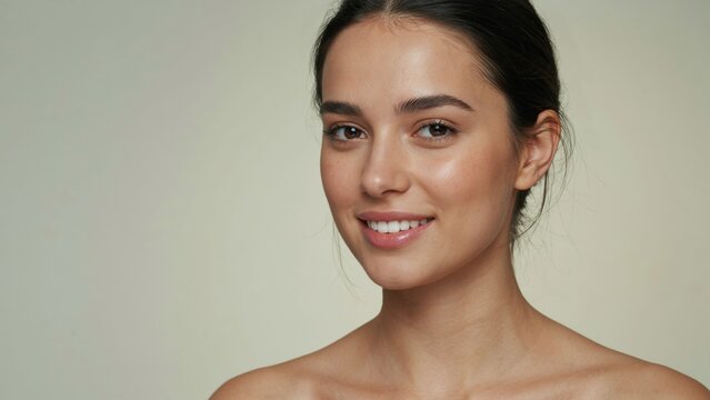 Retrato de belleza de una mujer con una sonrisa natural radiante, dientes y labios sanos y una tez luminosa
