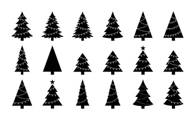Obraz premium Christmas Tree Icons Set, Festive Evergreen Silhouettes with Lights, Winter Holiday Vector Graphics for Seasonal Design and Celebration