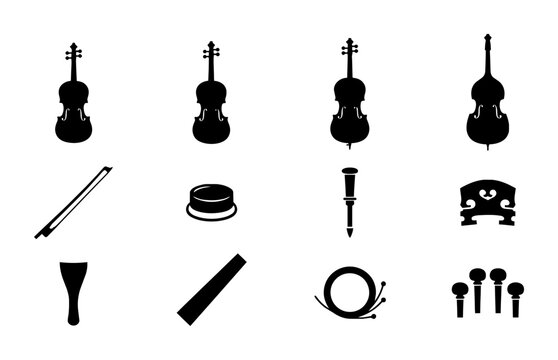 Vector Icons Set: Violin, Cello, Double Bass, Bow, Bridge, Tuning Pegs, Rosin, Strings, Sheet Music Clip - Musical Instrument Accessories Collection