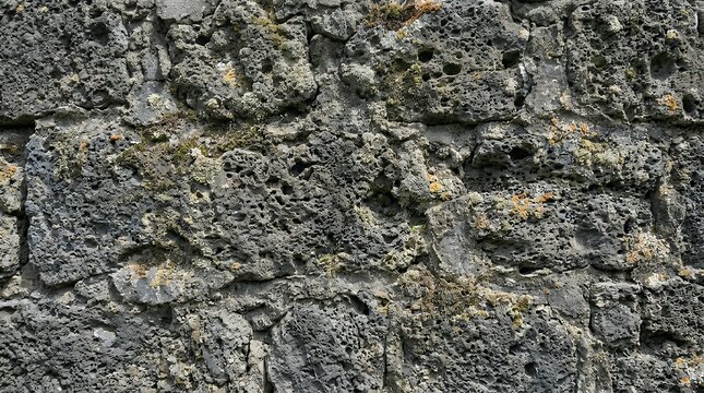 Weathered Textured Volcanic Masonry Overlay Exhibiting Organic Spore Growth And Minute Cavities background natural stone wall surface mossy porous texture weathered volcanic masonry organic growth