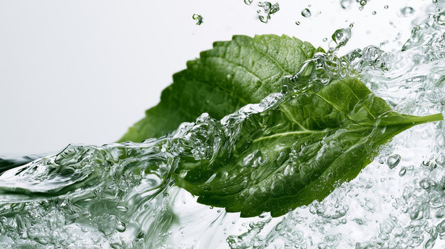 Hyper-Realistic Macro Shot of Pure Water Splashing Around a Fresh Botanical Leaf