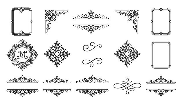 Vintage floral flourishes, decorative corner frames and ornate monogram dividers set on white background