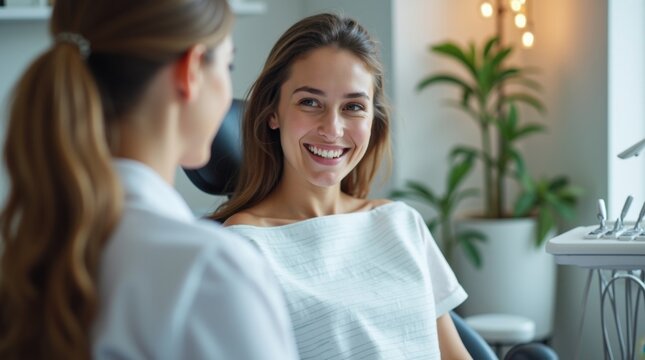 Mujer joven consultando a un dentista sobre su sonrisa, sentada c&oacute;modamente en una cl&iacute;nica dental de estilo contempor&aacute;neo