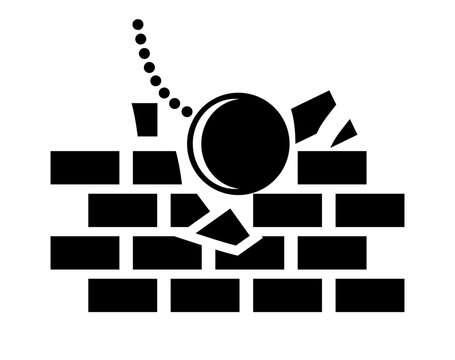 Wrecking ball smashing brick wall vector icon isolated on white background