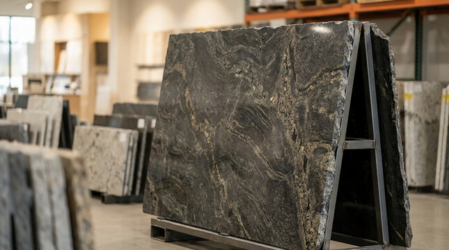 Polished black and gray granite slabs stand vertically in a warehouse, ready for processing or sale.