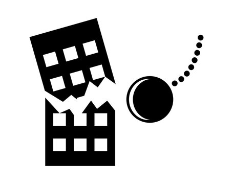 Demolition ball crashing into a breaking building vector icon isolated on white background