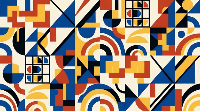 Mid Century Abstract Modernist Pattern Featuring Bold Geometric Shapes - Retro inspired seamless layout utilizing primary colors in a classic functional artistic aesthetic bauhaus pattern seamless