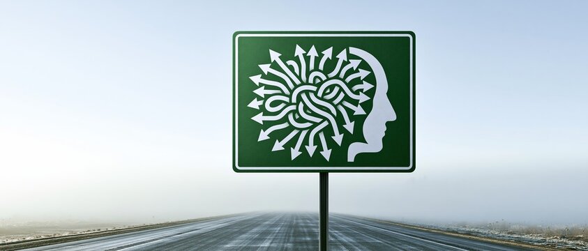 Conceptual photo of a green highway sign with a human profile filled with tangled arrows. Set on a misty road, it symbolizes confusion, mental health, psychology, and decision making.