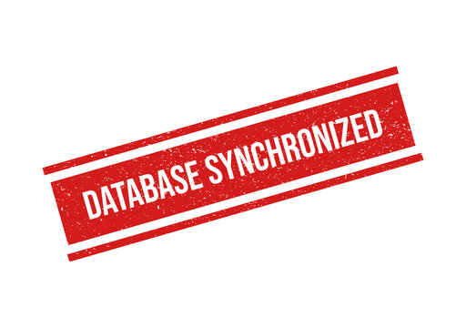 Red synchronized database stamp badge isolated on transparent background