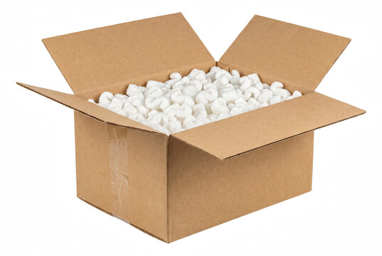 Open Cardboard Box Filled with White Foam Packing Peanuts for Secure Shipping
