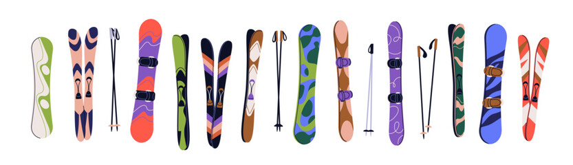 Fototapeta premium Snowboards, skis and poles set. Snowboarding, skiing gears for alpine mountain resort, seasonal recreation. Equipment for winter sport activity. Flat vector illustration isolated on white background.