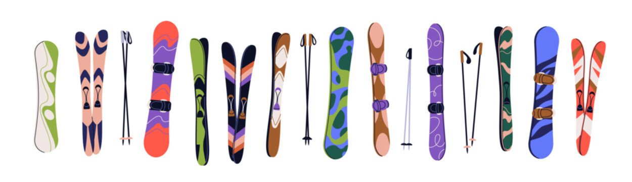 Snowboards, skis and poles set. Snowboarding, skiing gears for alpine mountain resort, seasonal recreation. Equipment for winter sport activity. Flat vector illustration isolated on white background.