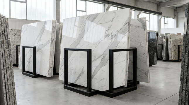 Large slabs of white marble with gray veining are stored upright in a spacious industrial warehouse with natural lighting.