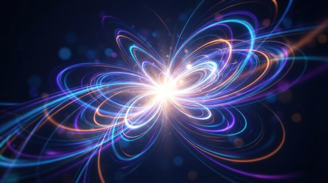 Luminous abstract 3D render with concentric spiraling vortex of purple, blue, and golden light trails against a dark void