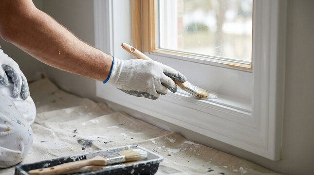 A person wearing gloves is painting a white window frame with a brush indoors.
