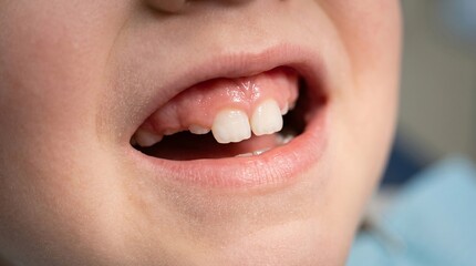 Fototapeta premium Macro close-up of child mouth showing small white primary teeth and healthy pink gums, soft skin, bright clinical pediatric lighting