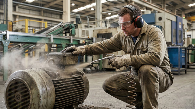 Worker in protective gear inspects and cleans an industrial motor in a factory setting, surrounded by machinery and equipment.