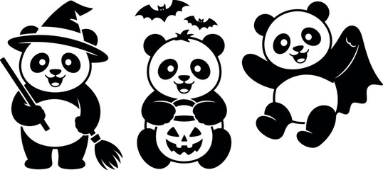 Obraz premium Set of Halloween Vector Silhouettes Featuring Cute Pandas with Witch Hat Broom Pumpkin Bucket and Bats