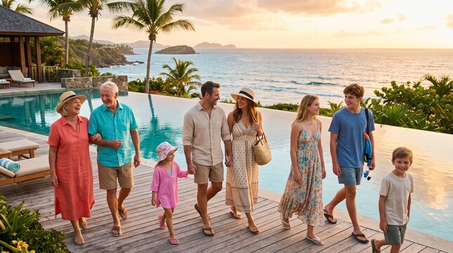 Multi generational family walking by oceanfront infinity pool at sunset.
