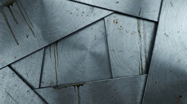 Abstract close-up of overlapping, textured metal plates with circular patterns and rust stains, creating a geometric and industrial appearance.