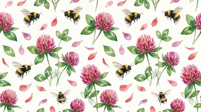  Watercolor pattern with clover flowers. Cute honey and floral pattern. Spring honeybee background. Summer watercolor botanical print. Baby shower watercolor bee print.  Watercolor seamless pattern