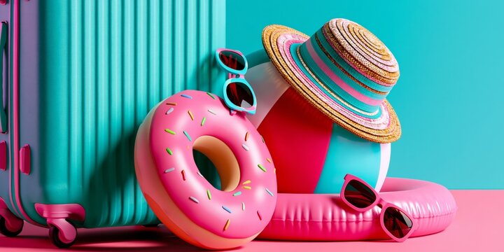 Vibrant summer travel setup with teal suitcase, pink donut float, straw hat, and sunglasses against colorful background.