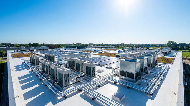 A rooftop view of a large industrial building with numerous HVAC units and ducts under a clear blue sky.