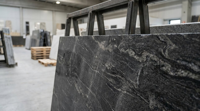 Large slabs of dark granite with natural patterns are displayed upright in a spacious warehouse with industrial shelving and pallets in the background.