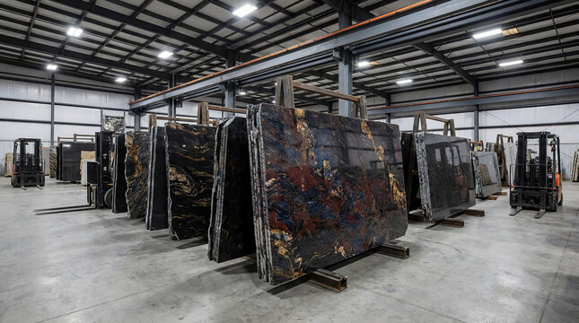 Large polished stone slabs are stored upright in a spacious, well-lit warehouse with forklifts visible for moving heavy materials.