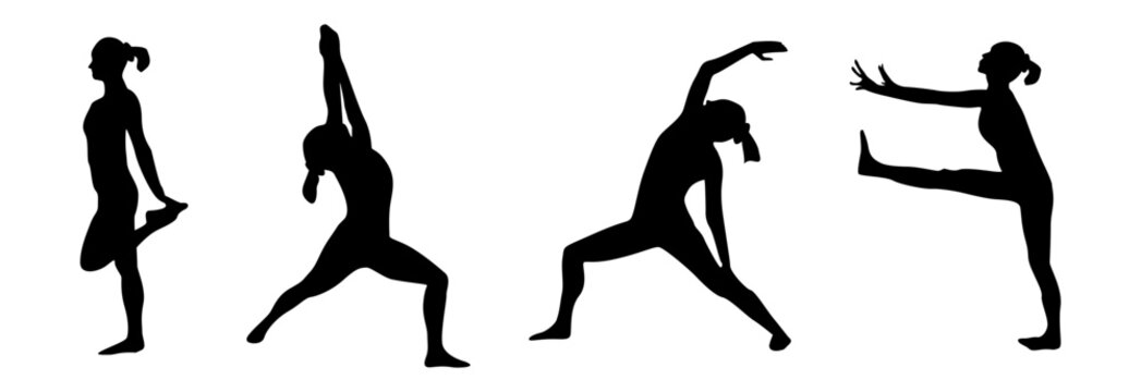 Set of black female yoga and stretching pose vector silhouettes isolated on white background