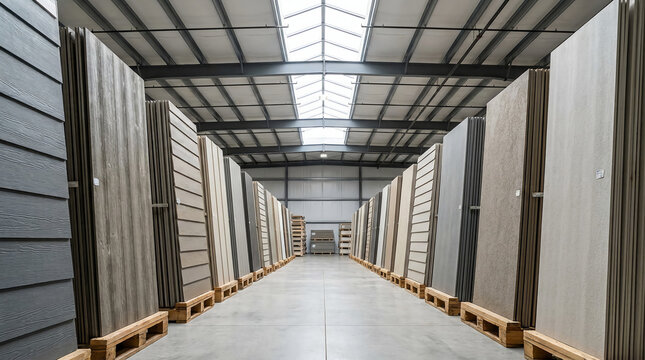 A spacious warehouse with neatly stacked large wooden panels on pallets, illuminated by natural light through a ceiling skylight.