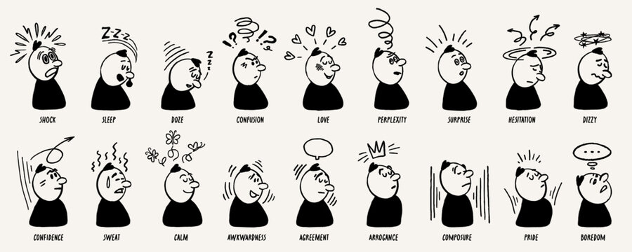 Doodle character emotion set with comic faces showing surprise, confusion and love using simple line style and expressive motion effects. Character emotion doodles for icons and social media graphics.