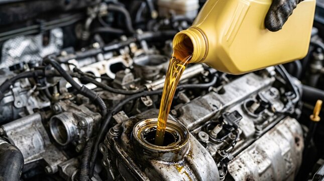 Golden motor oil pouring from yellow bottle into engine block, viscous liquid catching light, blurred metallic parts, automotive macro