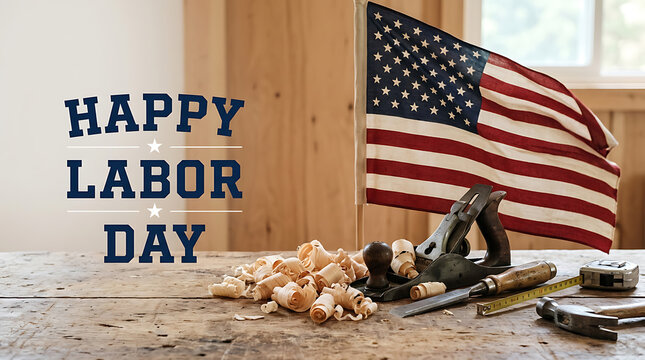 Labor Day celebration theme with American flag, woodworking tools, and shellac on rustic wooden surface