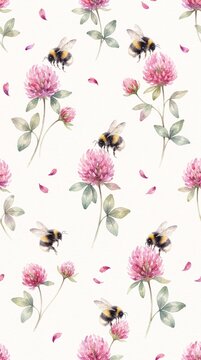  Watercolor pattern with pink clover flowers. Cute honey and floral pattern. Spring honeybee background. Summer watercolor botanical print. Baby shower watercolor bee print. 