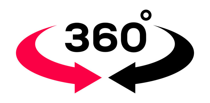 Red and black 360 degree rotation arrow vector icon isolated on white background