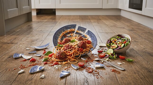 Shattered bowl of spaghetti with tomato sauce and meatballs dropped on a wooden floor next to a salad bowl