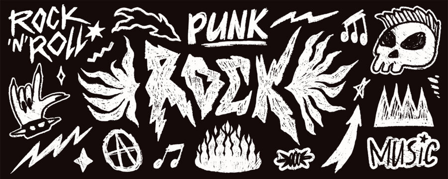 Punk rock doodle set with music notes, fire, lightning and skull in white chalk texture on blackboard background. Rock doodle and punk symbols for posters, stickers and prints