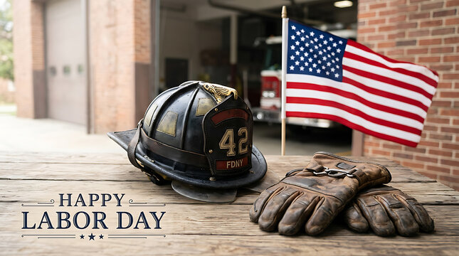 Labor Day celebration tribute with firefighter gear and patriotic American flag on a rustic wooden surface