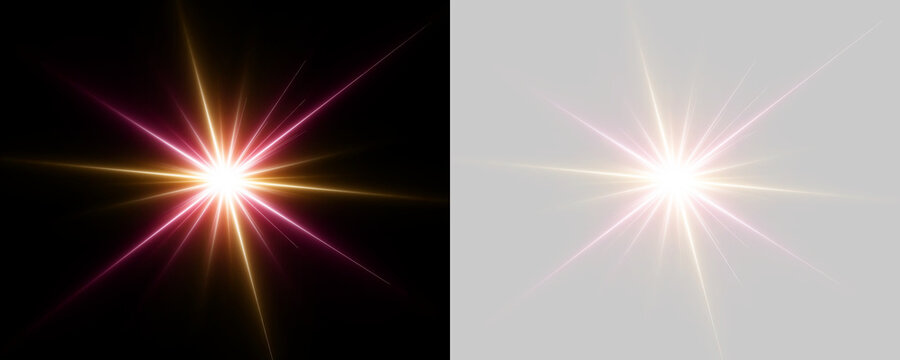 Glowing light flare overlay with radiant rays and sparkling starburst. Soft lens highlights create a bright solar effect. Isolated transparent PNG element.