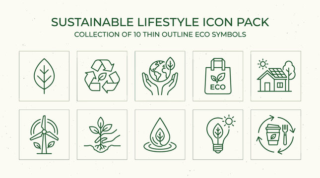 Sustainable lifestyle icon pack featuring 10 thin outline green eco symbols, recycling, renewable energy, and zero waste vector designSustainable lifestyle icon pack featuring 10 thin outline green ec