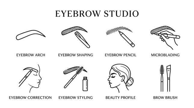 Eyebrow studio icon pack featuring thin outline vector symbols, arch, shaping, pencil, microblading, and beauty tools