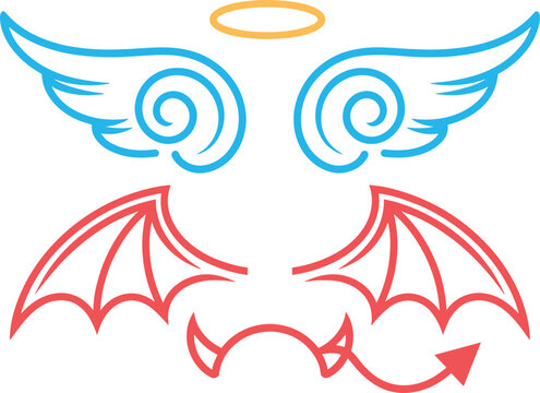 Angel and devil wings concept vector illustration with yellow halo red horns and tail isolated on white background