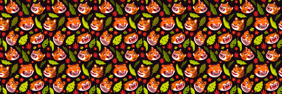 Asian seamless pattern with smiling tiger faces on black background. Drag to swatches panel to use