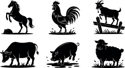 Fototapeta premium Set of black farm animal silhouettes featuring a rearing horse, rooster, goat on a fence, bull, pig, and sheep