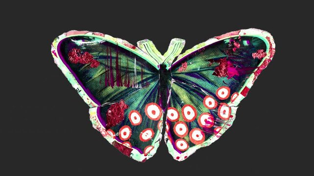 A looping animated drag and drop overlay featuring a colourful mixed-media paper butterfly with realistic flapping motion. 
